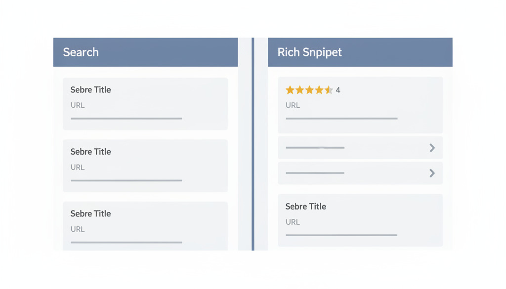Search result comparison: standard vs enhanced 'Rich Snippet' with ratings and FAQs.