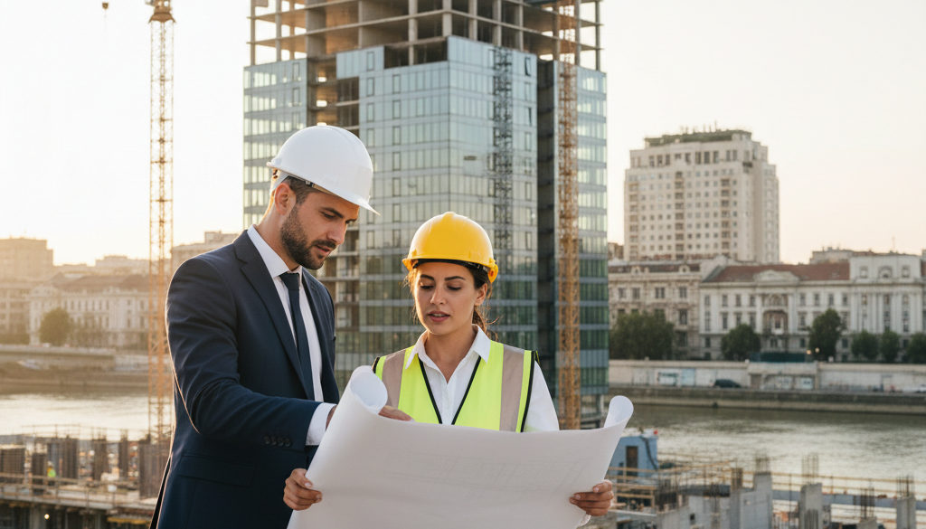 détachement btp roumanie – Architectes et chefs de chantier coopérant sur un site BTP à Bucarest.