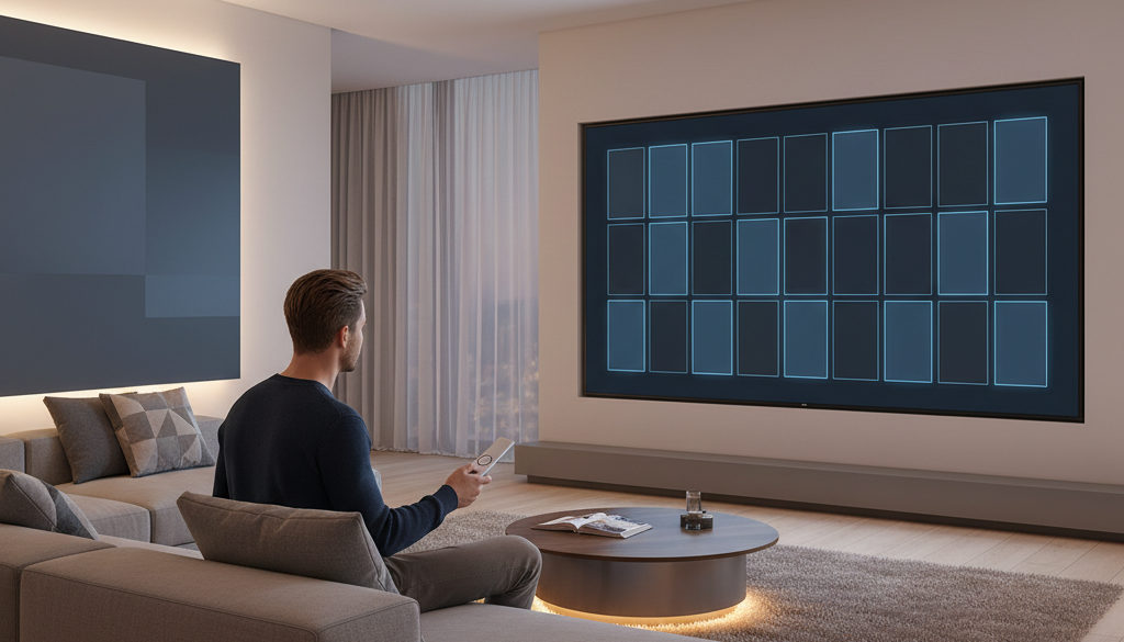 Person mit Fernbedienung beim Durchsuchen einer Filmbibliothek auf einem großen Fernseher.