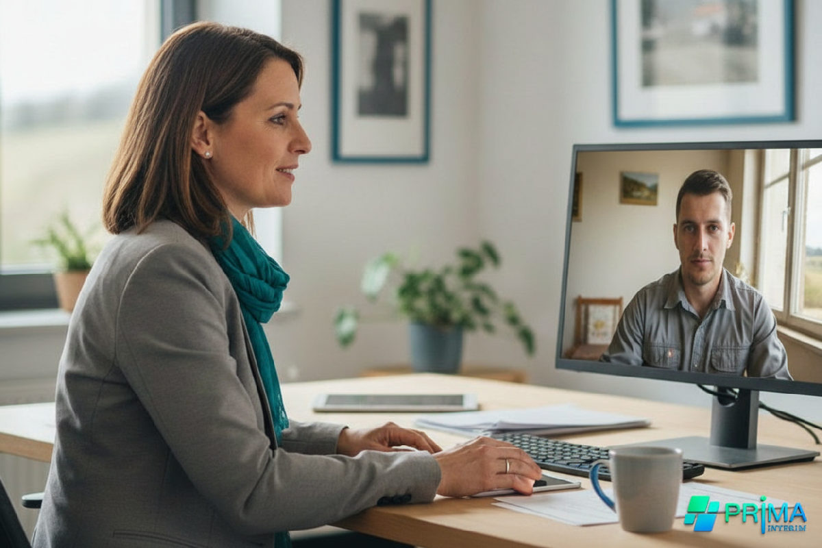 Un recruteur évalue les compétences d'un travailleur roumain par visioconférence.