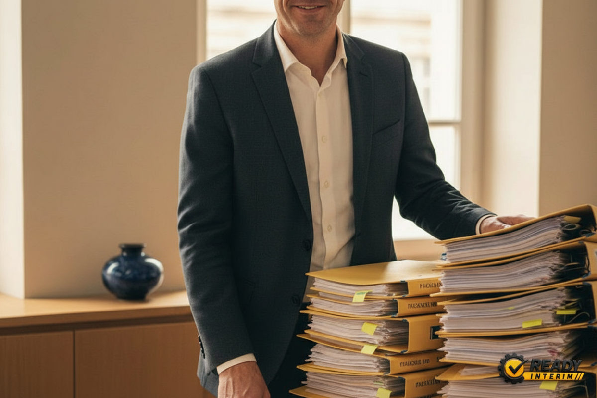 Inspecteur du travail souriant devant des dossiers classés.