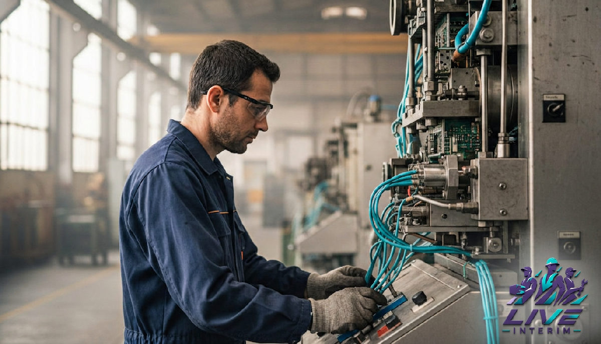 Technicien roumain en usine, concentré sur la machine.