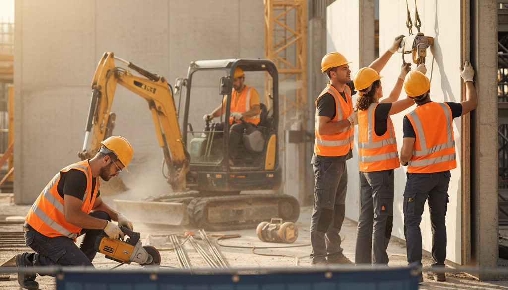 Ouvriers qualifiés sur un chantier, symbolisant la productivité du travail détaché.