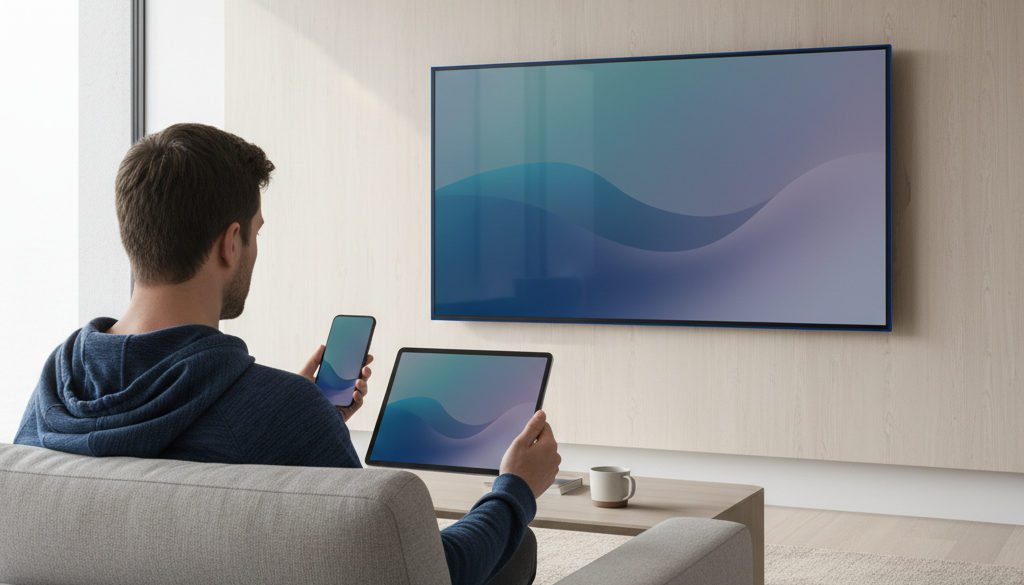 Roeya IPTV multi-device US streaming 2 Roeya IPTV multi-device US – A person holding a smartphone and a tablet sitting in front of a modern 4K Smart TV, all display