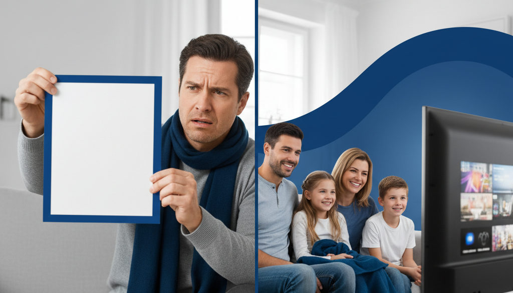 A split screen illustration: on the left, a frustrated person looking at a high-cost cable bill; on the right, a happy family enjoying a variety of premium channels on a sleek TV on a budget.