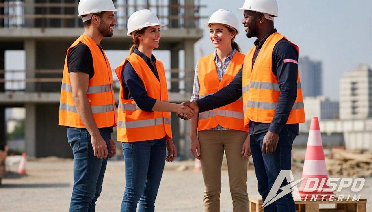 Équipe de construction française accueillant chaleureusement un ouvrier roumain.