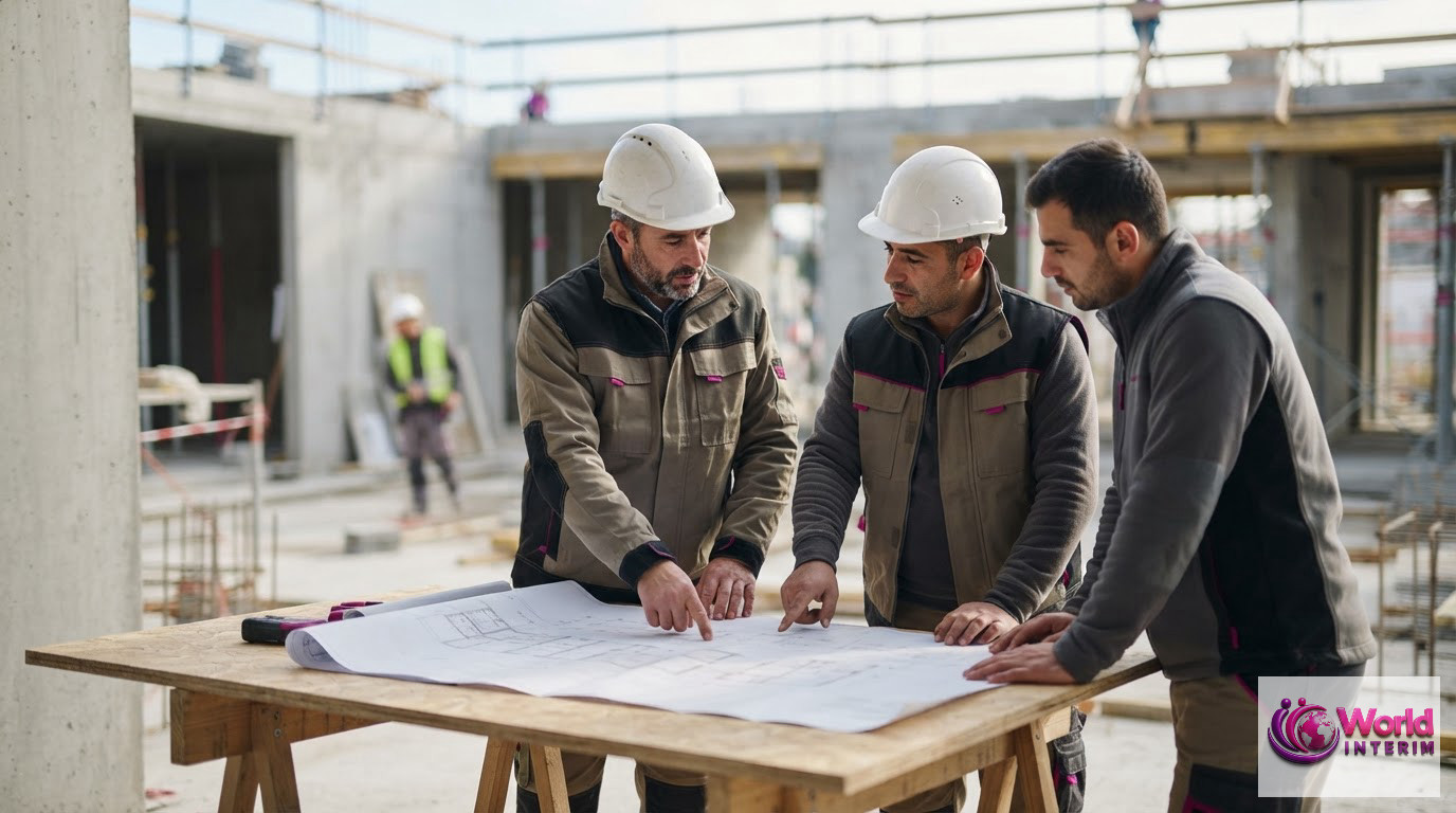 Équipe mixte consultant un plan de construction sur un chantier.