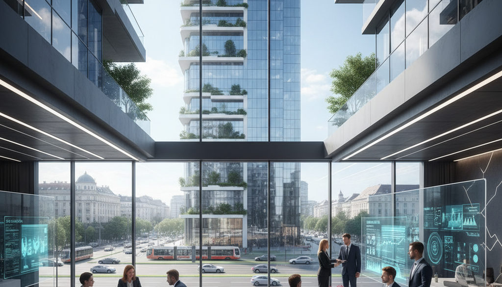 optimisation coûts RH main-d'œuvre roumaine – Un immeuble de bureaux moderne à Bucarest, Roumanie.