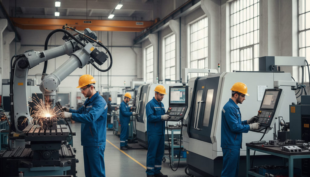 Techniciens roumains qualifiés travaillant dans une usine.