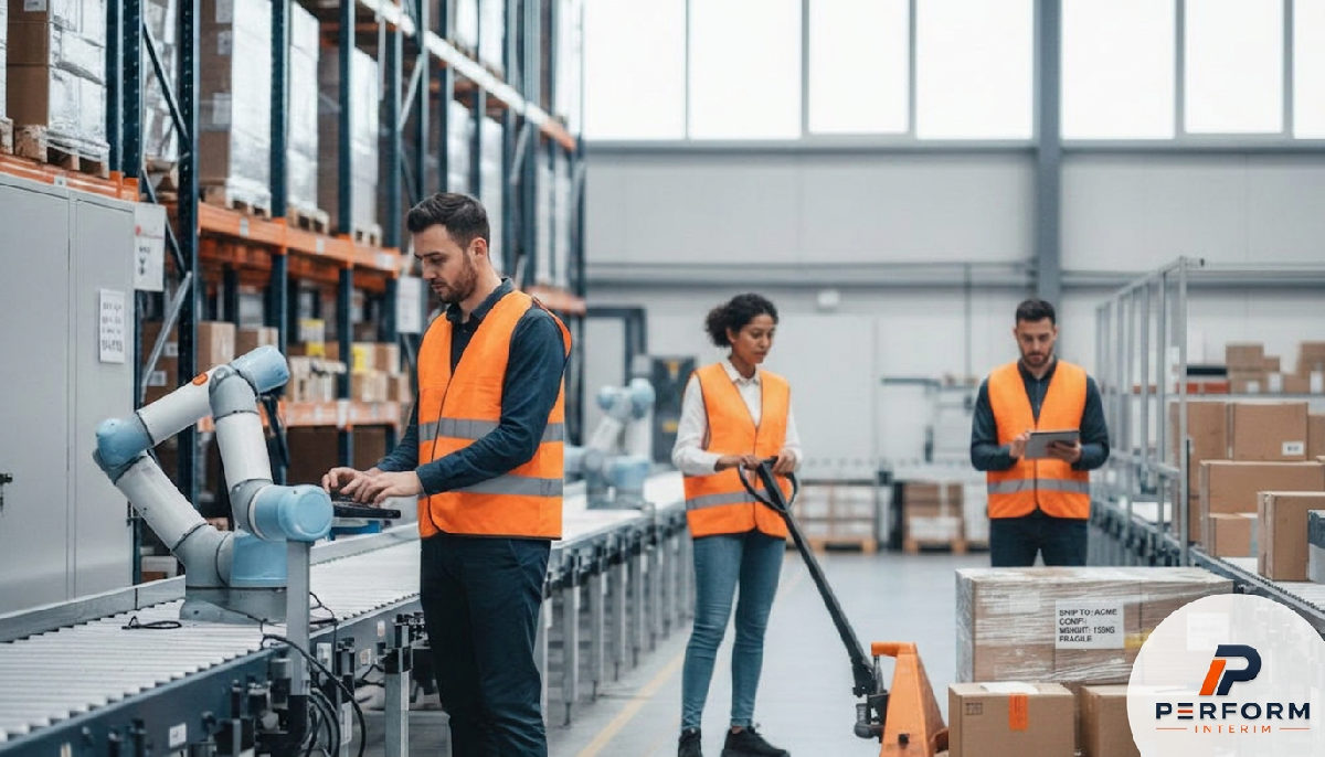 Ouvriers roumains qualifiés travaillant dans un entrepôt logistique.