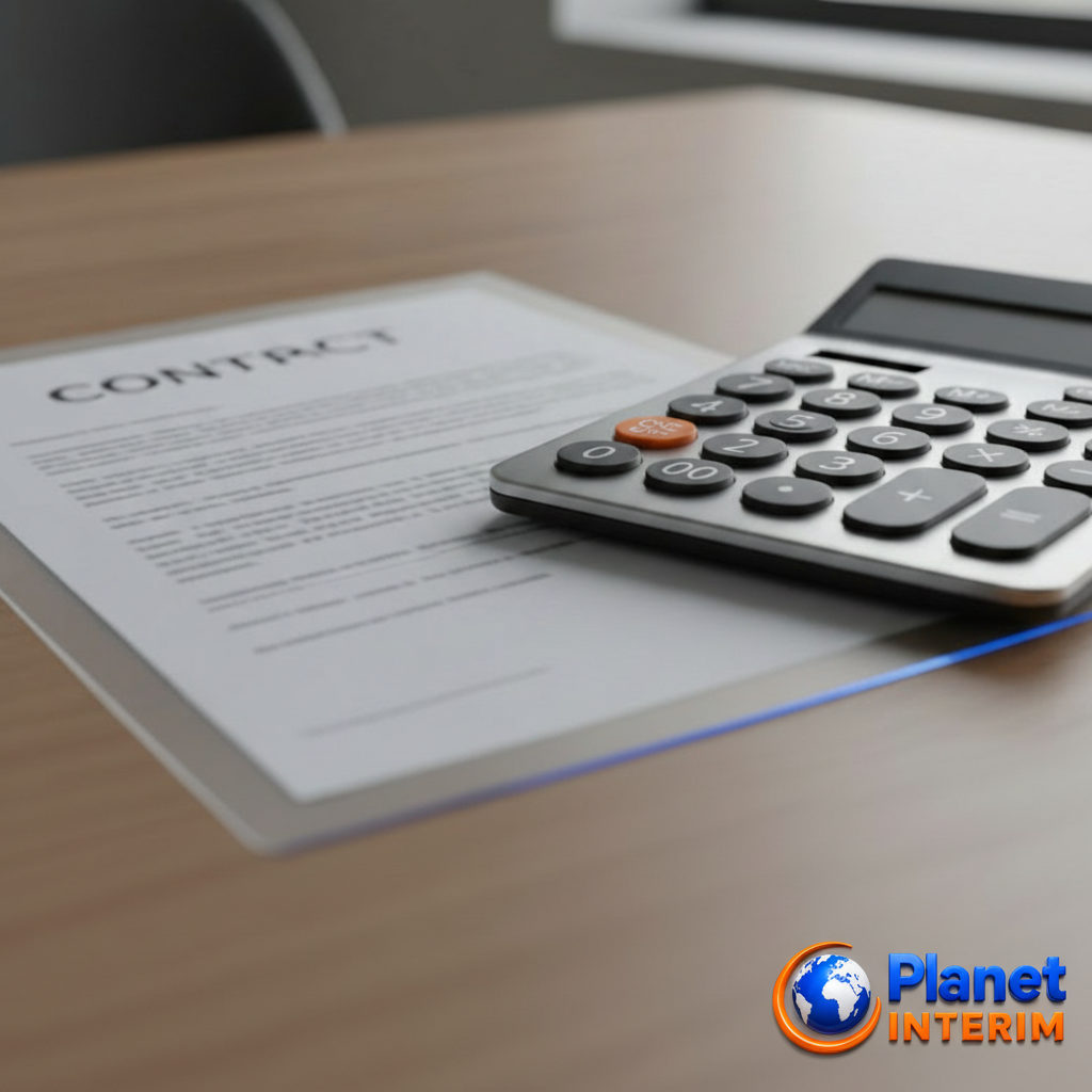 Contrat transparent et calculatrice sur un bureau, symbolisant la clarté financière.