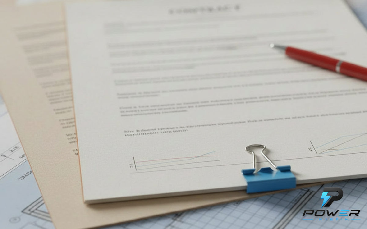 Documents administratifs et contrat de travail sur un plan de chantier.