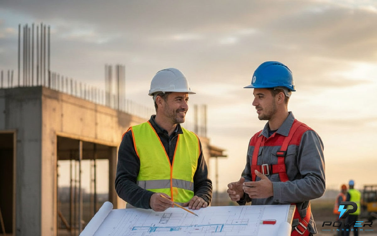 Chef de chantier français et ouvrier roumain discutant devant un plan.