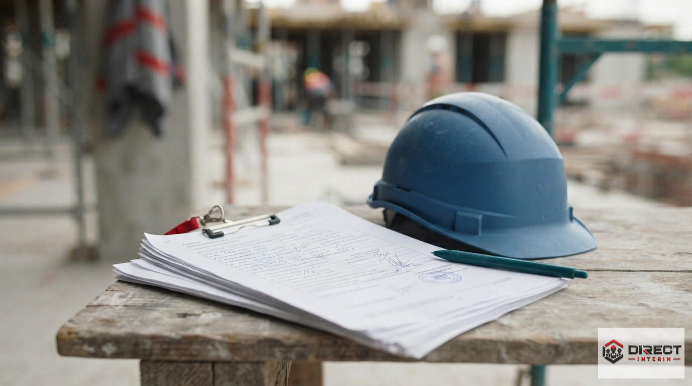 Documents administratifs et casque de sécurité posés sur une table de chantier.