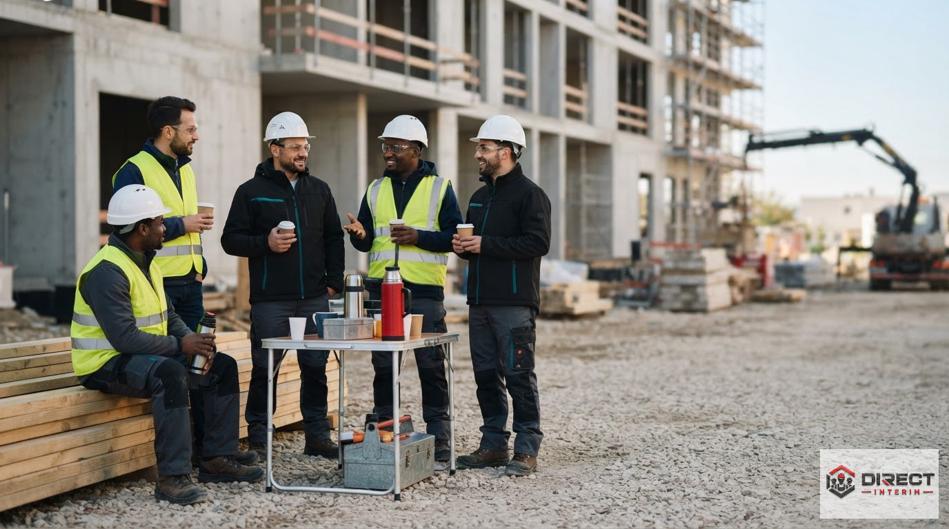 Une équipe d'ouvriers français et roumains partageant une pause café sur site.