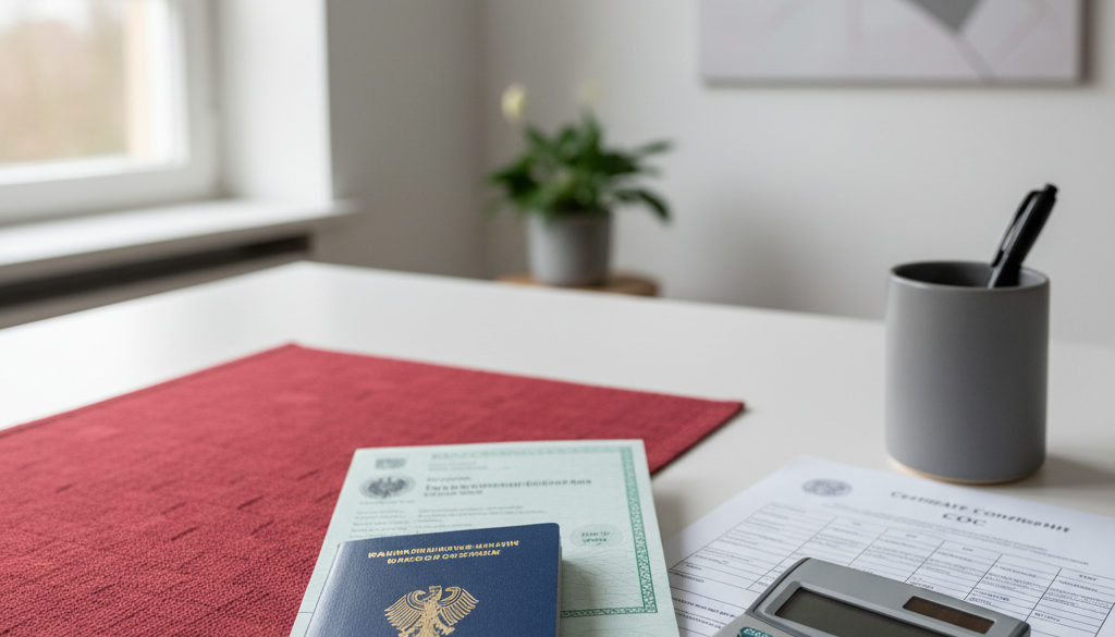 Documents d'importation : passeport, carte grise, COC et calculatrice.