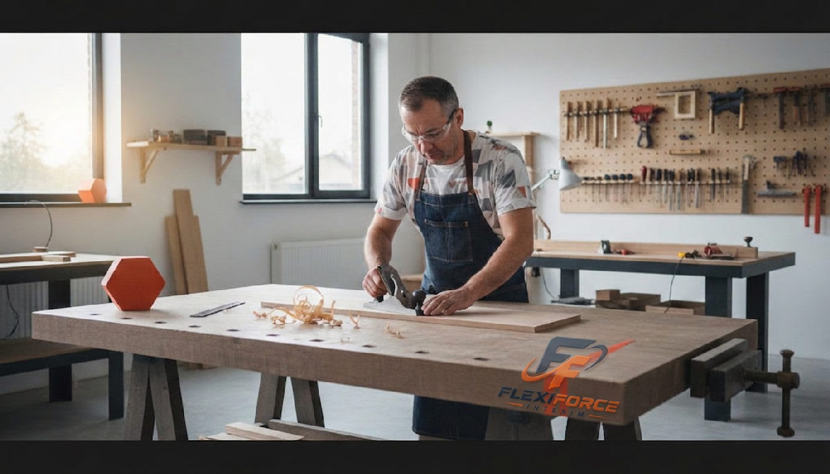 recruter menuisier roumain qualifié – Menuisier roumain qualifié travaillant dans un atelier lumineux.