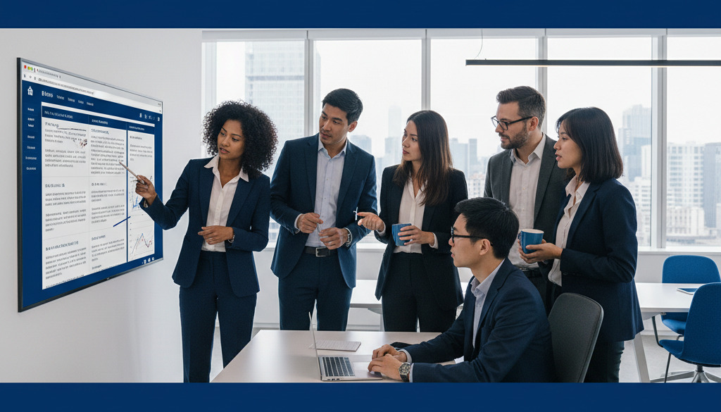 Diverse team collaborates on multilingual content in a modern office.
