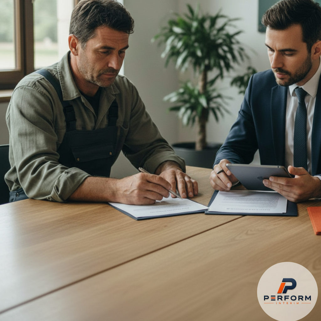 Agriculteur et conseiller examinant des contrats de recrutement.