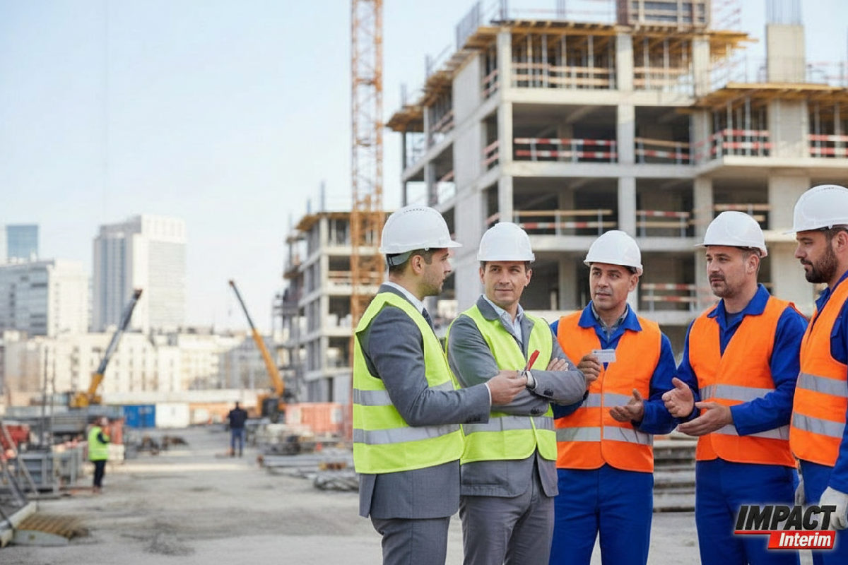 Inspecteur vérifiant les cartes BTP des maçons sur un chantier.