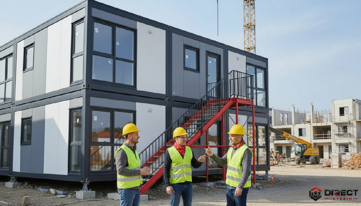 aide logement intérimaires roumains BTP - Ouvriers roumains devant des logements modulaires sur un chantier français.