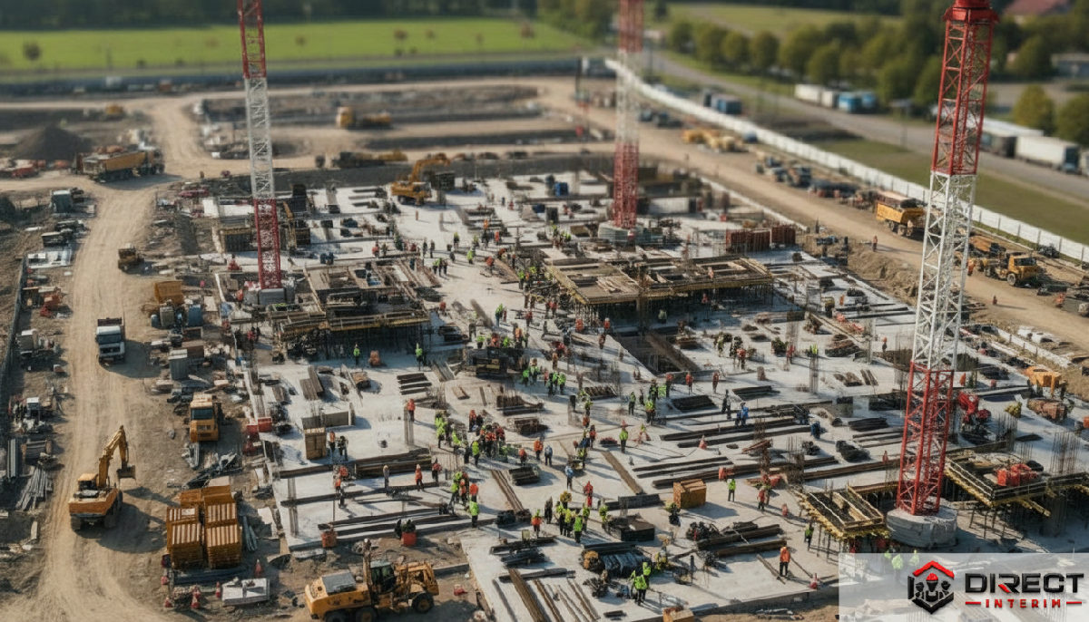 Vue aérienne d'un chantier BTP dynamique avec grues et équipes actives.