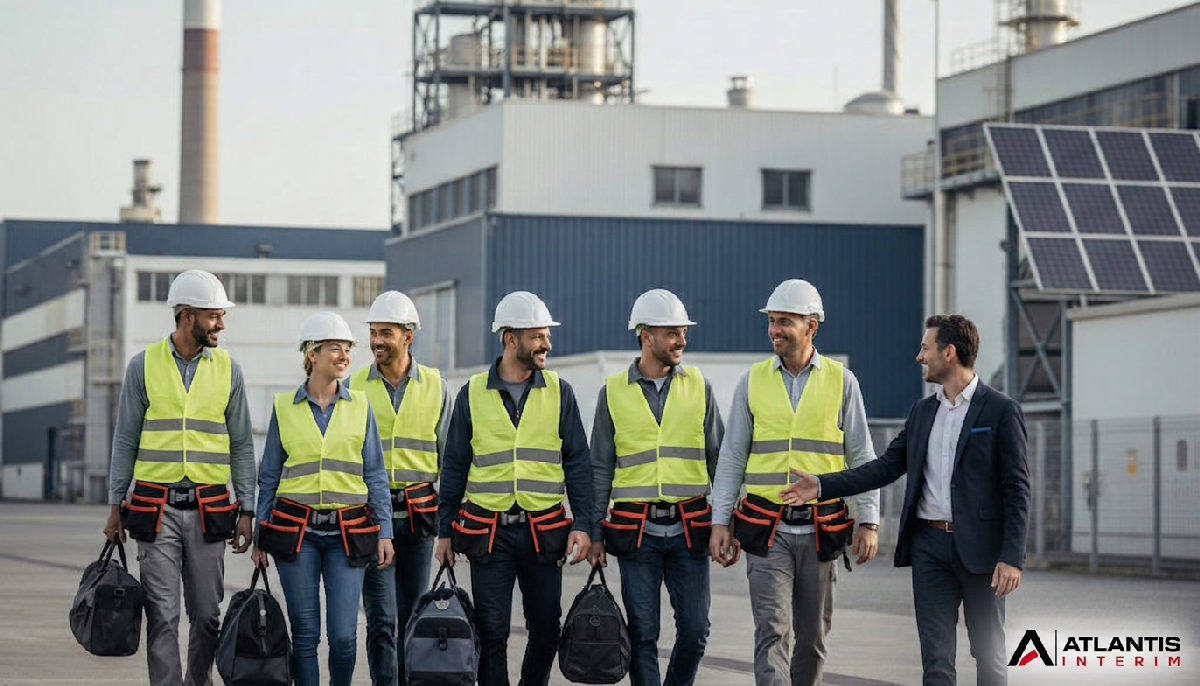 Travailleurs européens souriants arrivant sur un site industriel français, accueillis par un RH.