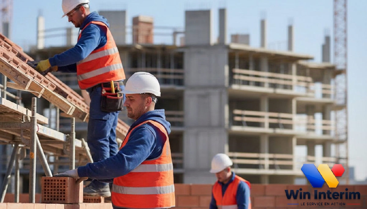 recrutement maçons couvreurs roumains BTP - Équipe de maçons et couvreurs roumains sur un chantier français.