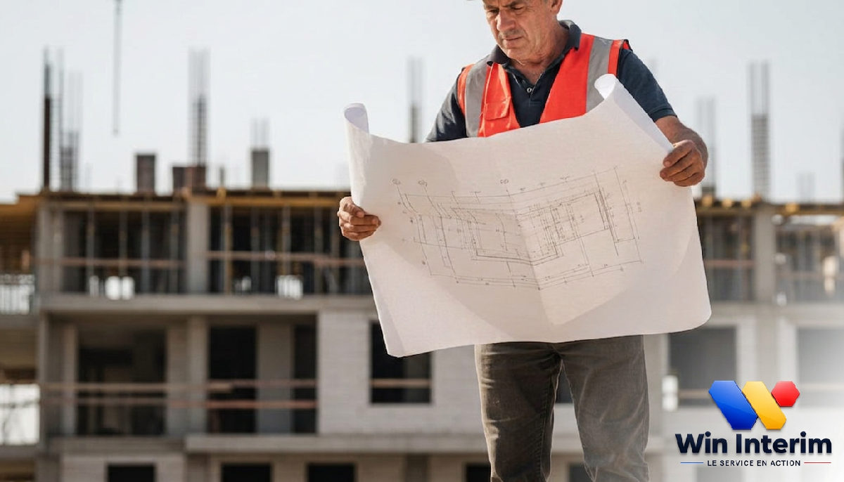 Maçon roumain consultant un plan sur un chantier BTP.