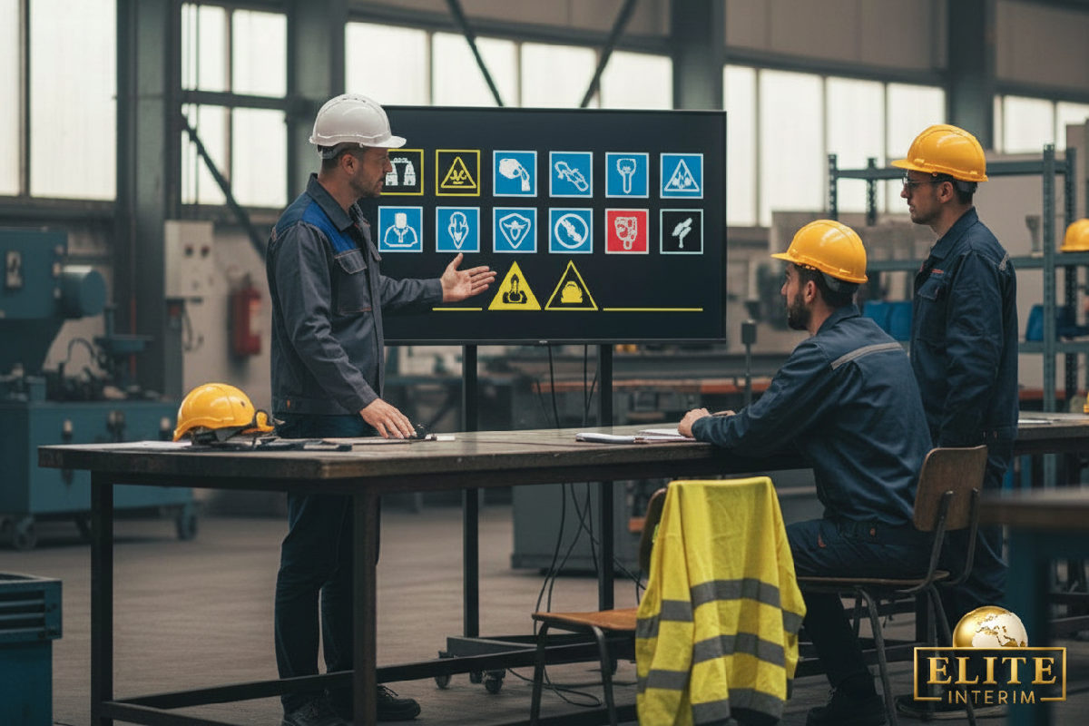 Réunion d'équipe matinale sur un site industriel avec un manager français et des techniciens polonais.