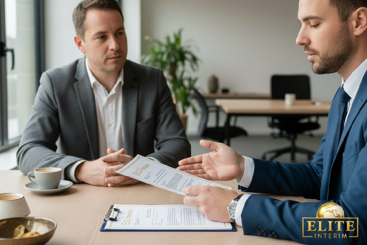 Consultant expliquant des documents de conformité à un employeur français pour des travailleurs polonais.