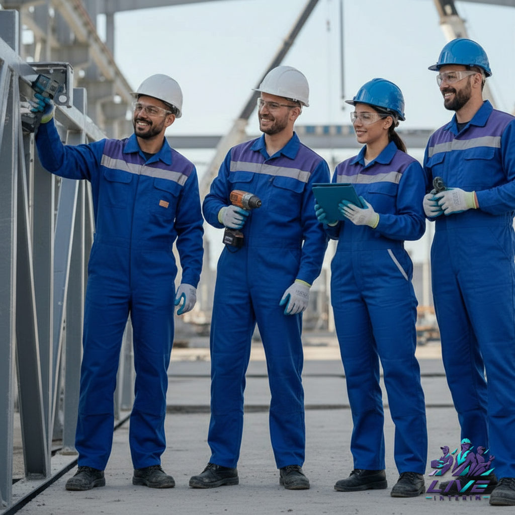 Équipe roumaine souriante travaillant sur un projet industriel en France.