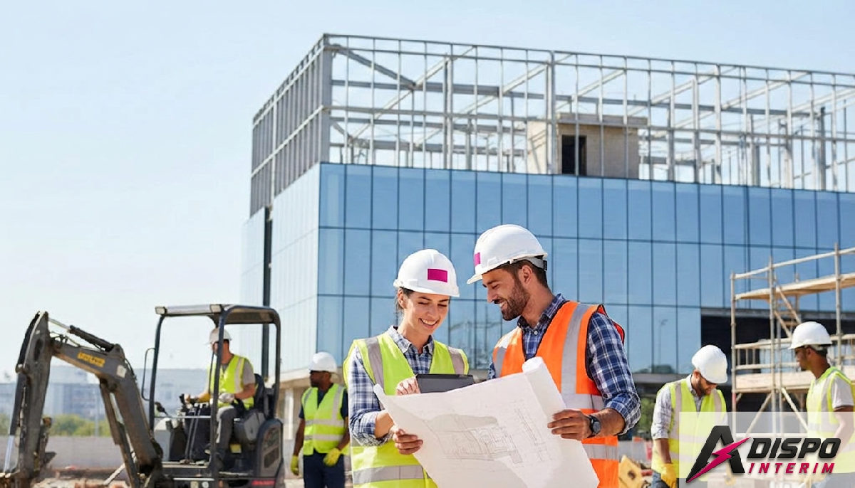gestion rh adispo interim - Ouvriers qualifiés sur un chantier moderne, illustrant la performance RH.