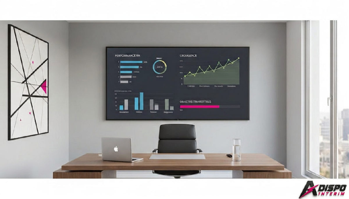 Bureau de direction avec tableau de bord RH et croissance : maîtrise stratégique.