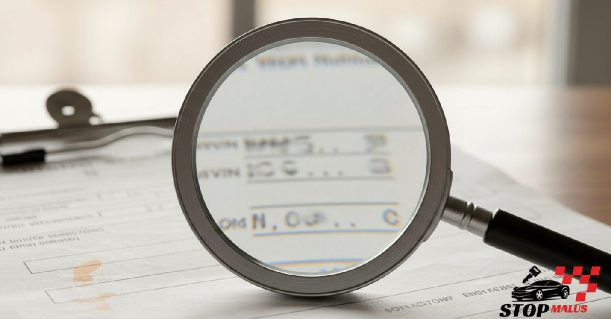 Loupe sur un document de véhicule, montrant le VIN et les émissions de CO2.