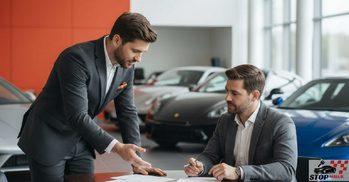 Consultant montrant des documents à un propriétaire de voiture dans un showroom.