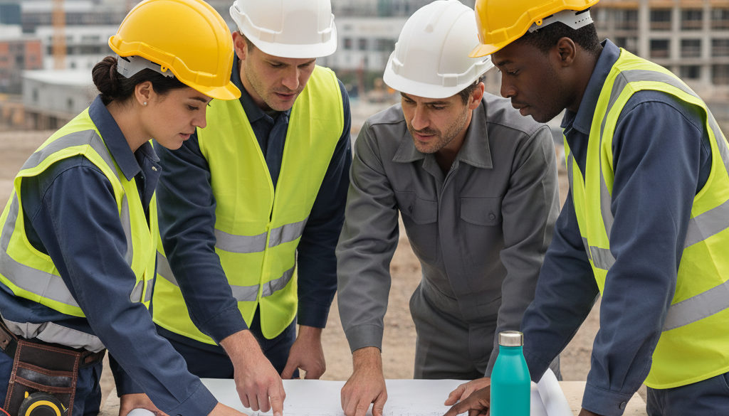 Travailleurs du bâtiment qualifiés discutant autour de plans.