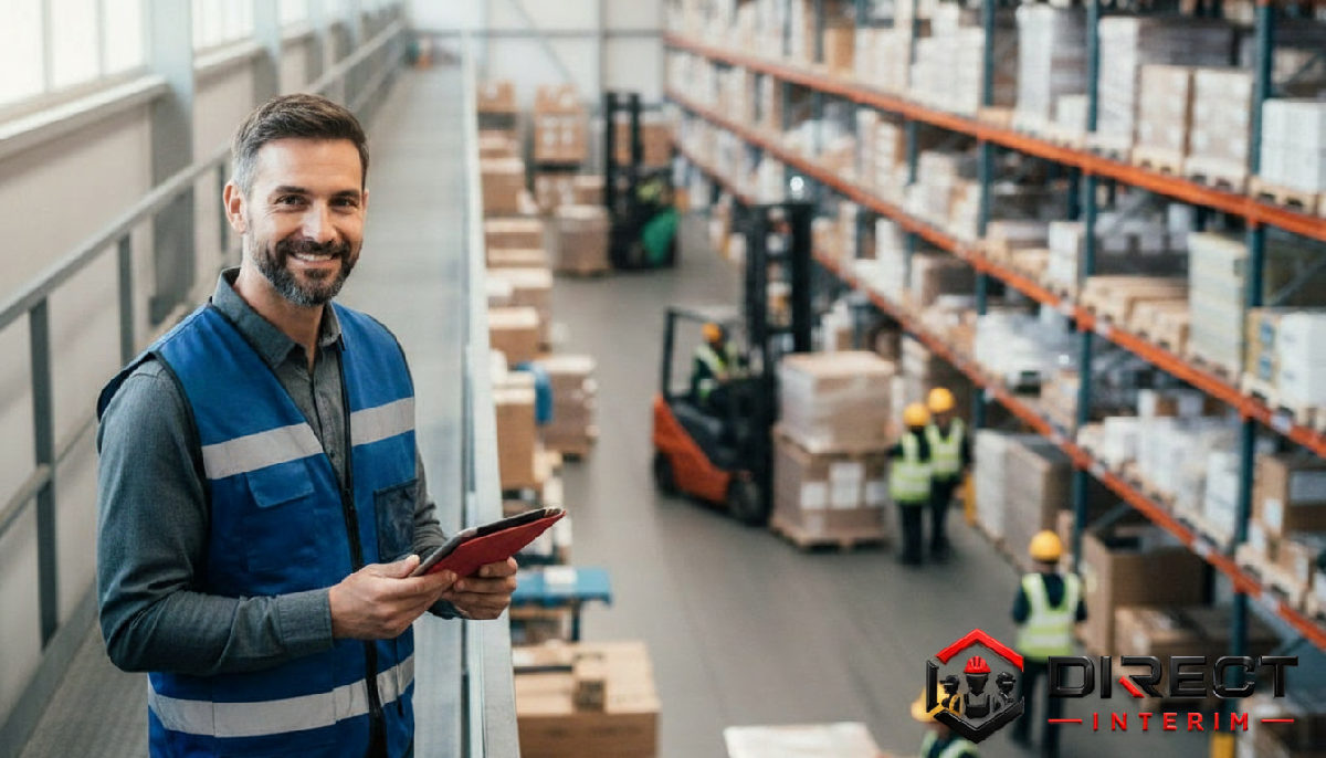 Responsable logistique observant un entrepôt efficace et ses employés.