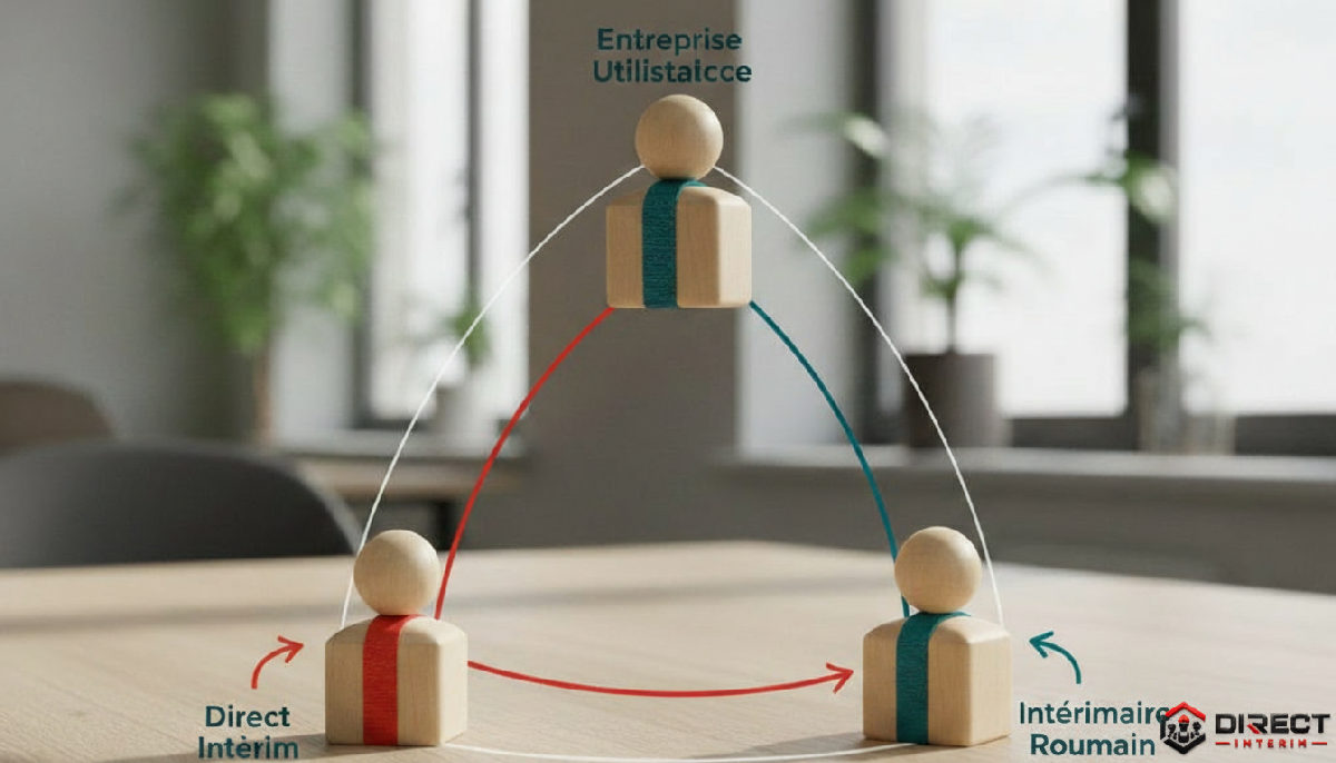 Schéma de la relation entre entreprise, agence d'intérim et intérimaire.