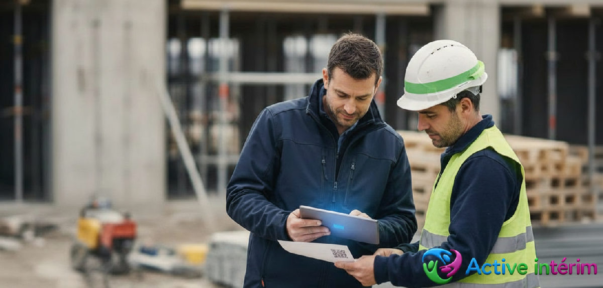 Inspecteur du travail vérifiant un QR code SIPSI sur un chantier.
