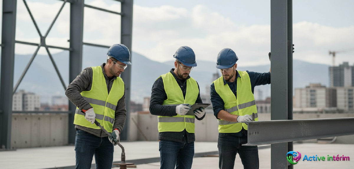 Travailleurs roumains qualifiés travaillant en sécurité sur site industriel.