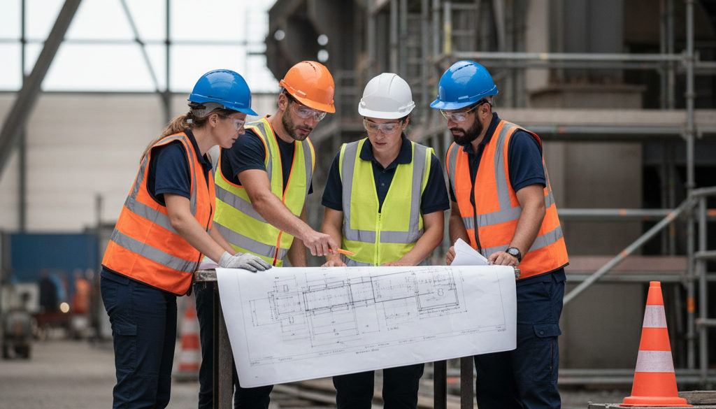 Techniciens roumains qualifiés discutent de plans sur un site en France.