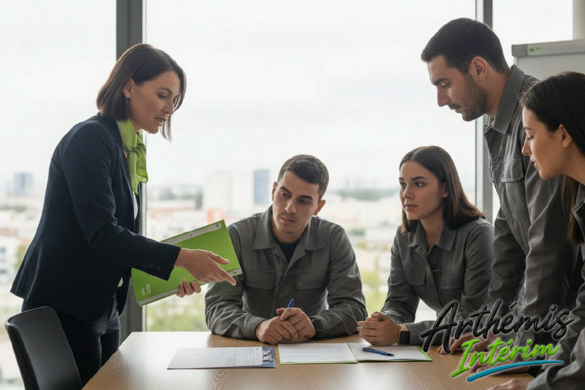 Recruteur expliquant la sécurité et l'assurance à des intérimaires roumains.