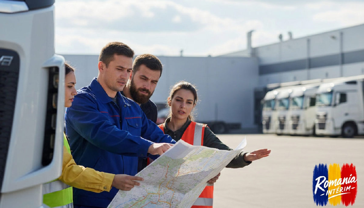 Professionnels de la logistique discutant d'une carte près de camions.