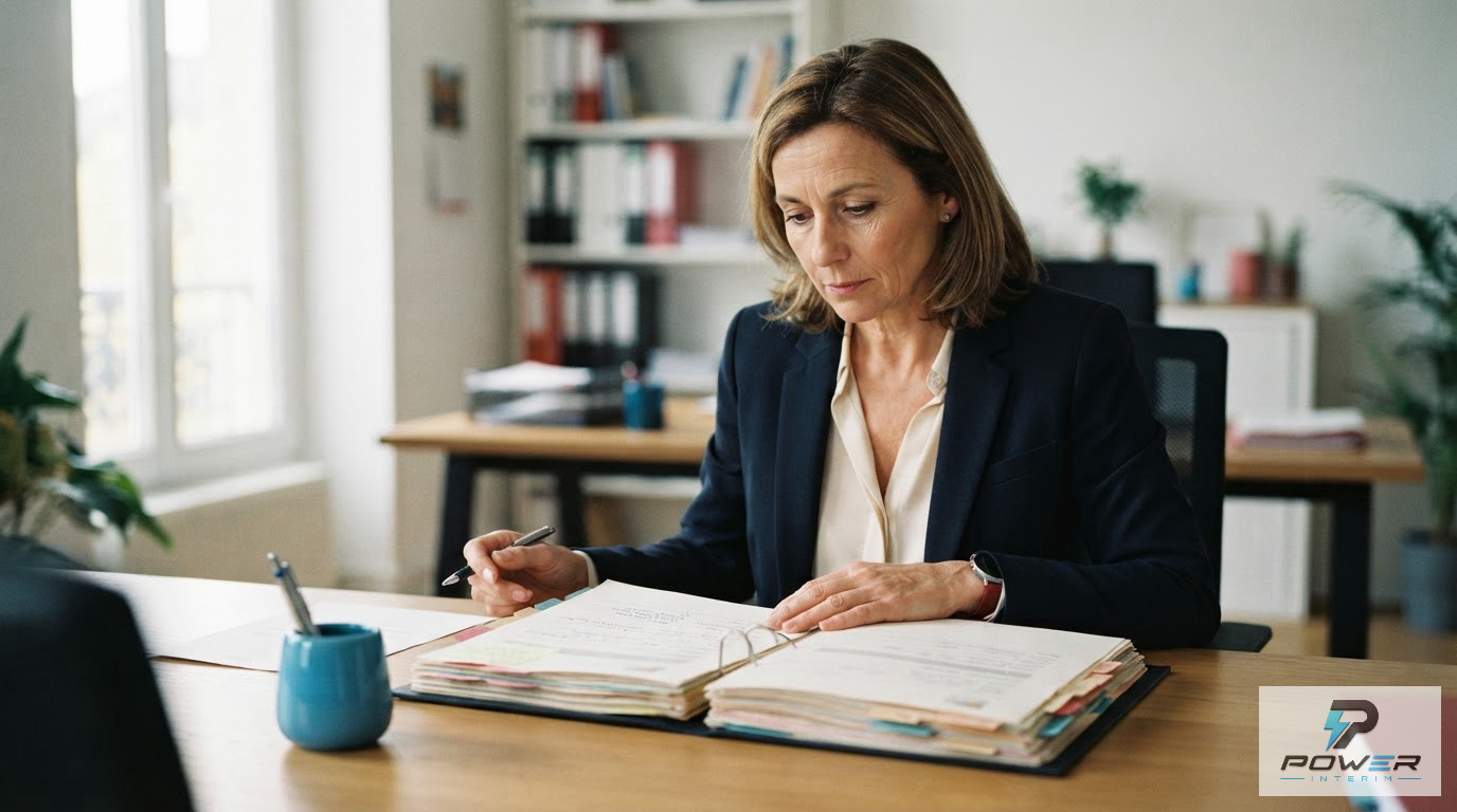 Un représentant légal consultant un dossier de conformité SIPSI au bureau.