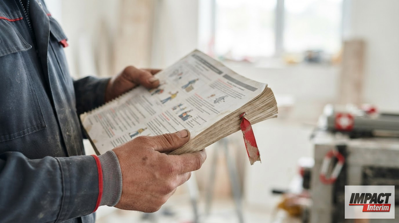 Un ouvrier consultant un manuel de sécurité en français sur son lieu de travail.
