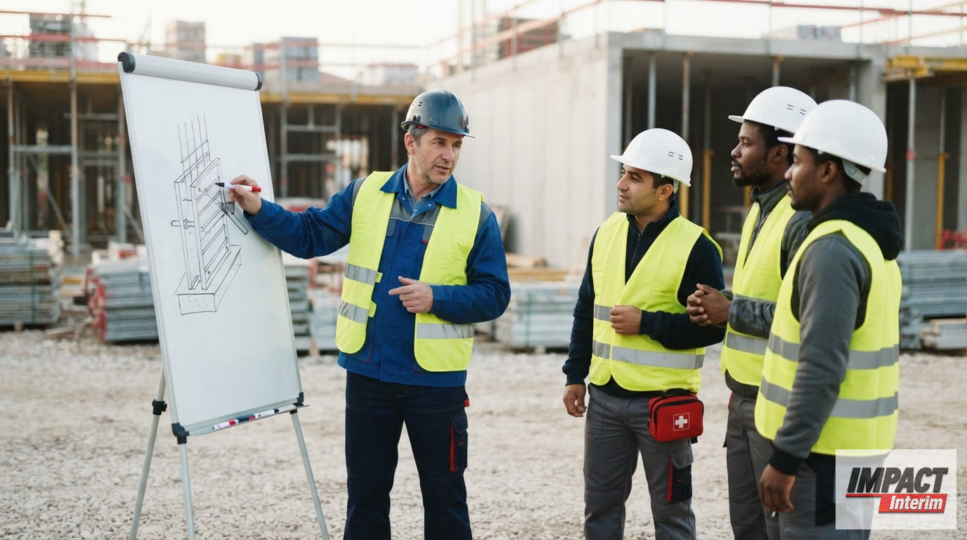 Un chef d'équipe expliquant des schémas techniques à des travailleurs sur un chantier.