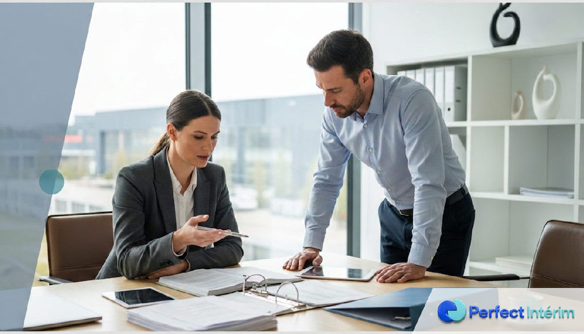 Consultant vérifiant conformité légale et rapports de productivité avec un directeur d'usine.