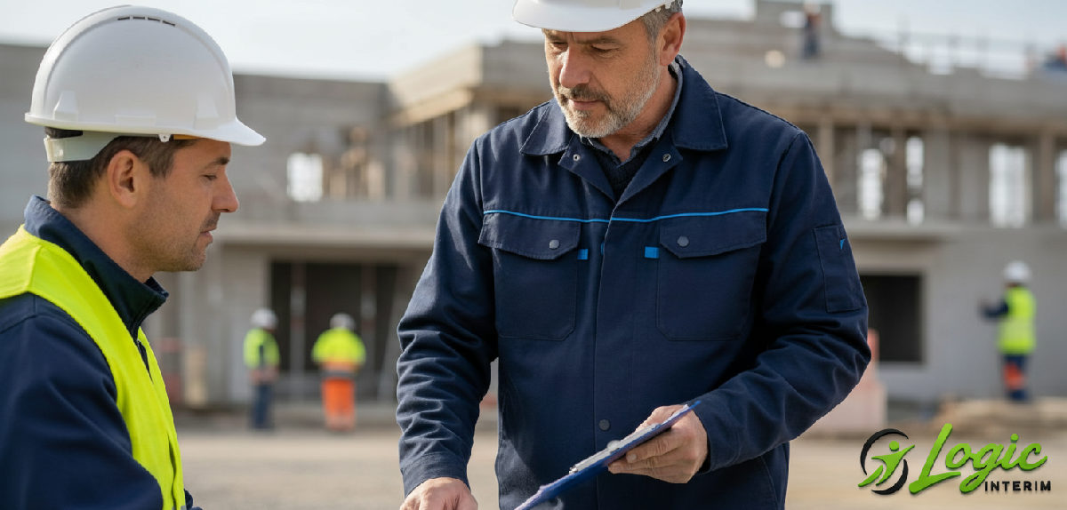 Inspecteur vérifiant des documents sur un chantier.