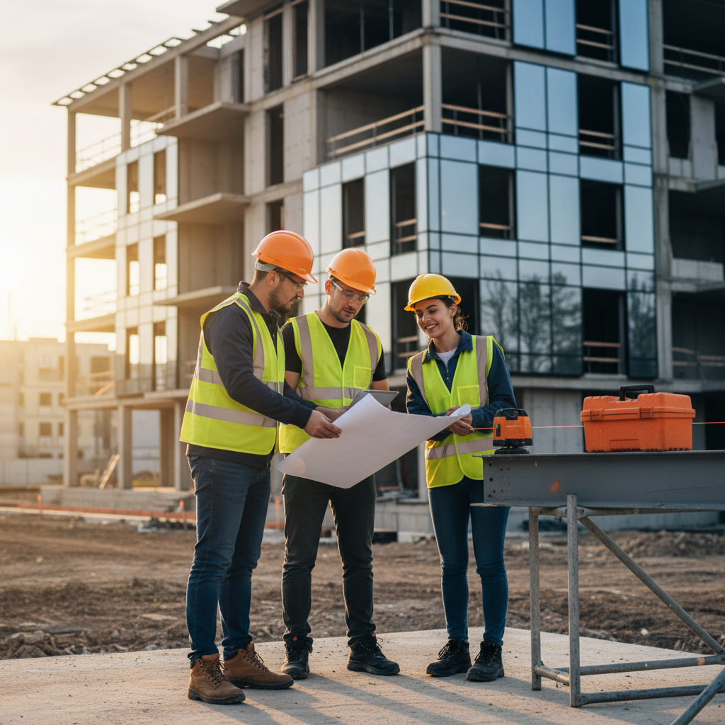 avantages main d'œuvre roumaine BTP – Un chantier de construction moderne avec des ouvriers en équipement de sécurité collabo